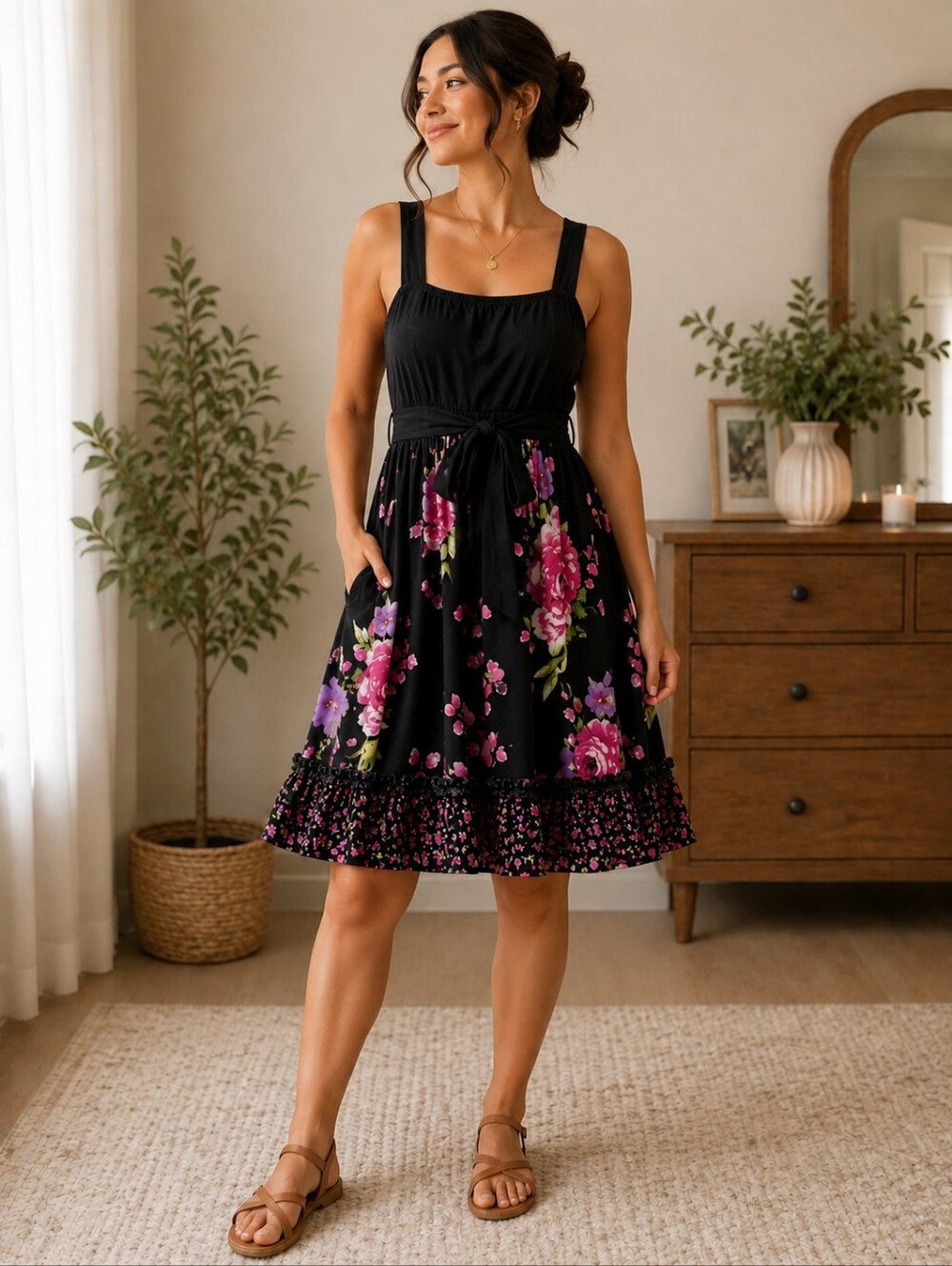 Maurices Black Sleeveless Dress with Pink, Purple & Green Floral Print